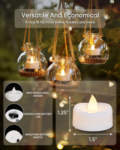 24-Pack Flameless LED Tealights, 200 Hours Long-Lasting, Realistic Flicker, 1.5'' x 1.25'' for Halloween Christmas Wedding